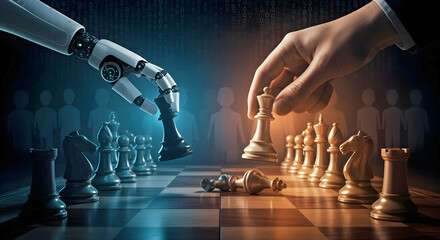 Strategic chess match between AI robotic hand and human symbolizing tech-driven decision making AI Agent AGI ASI