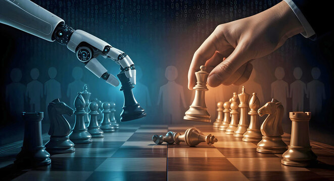 Strategic chess match between AI robotic hand and human symbolizing tech-driven decision making AI Agent AGI ASI - Powered by Adobe