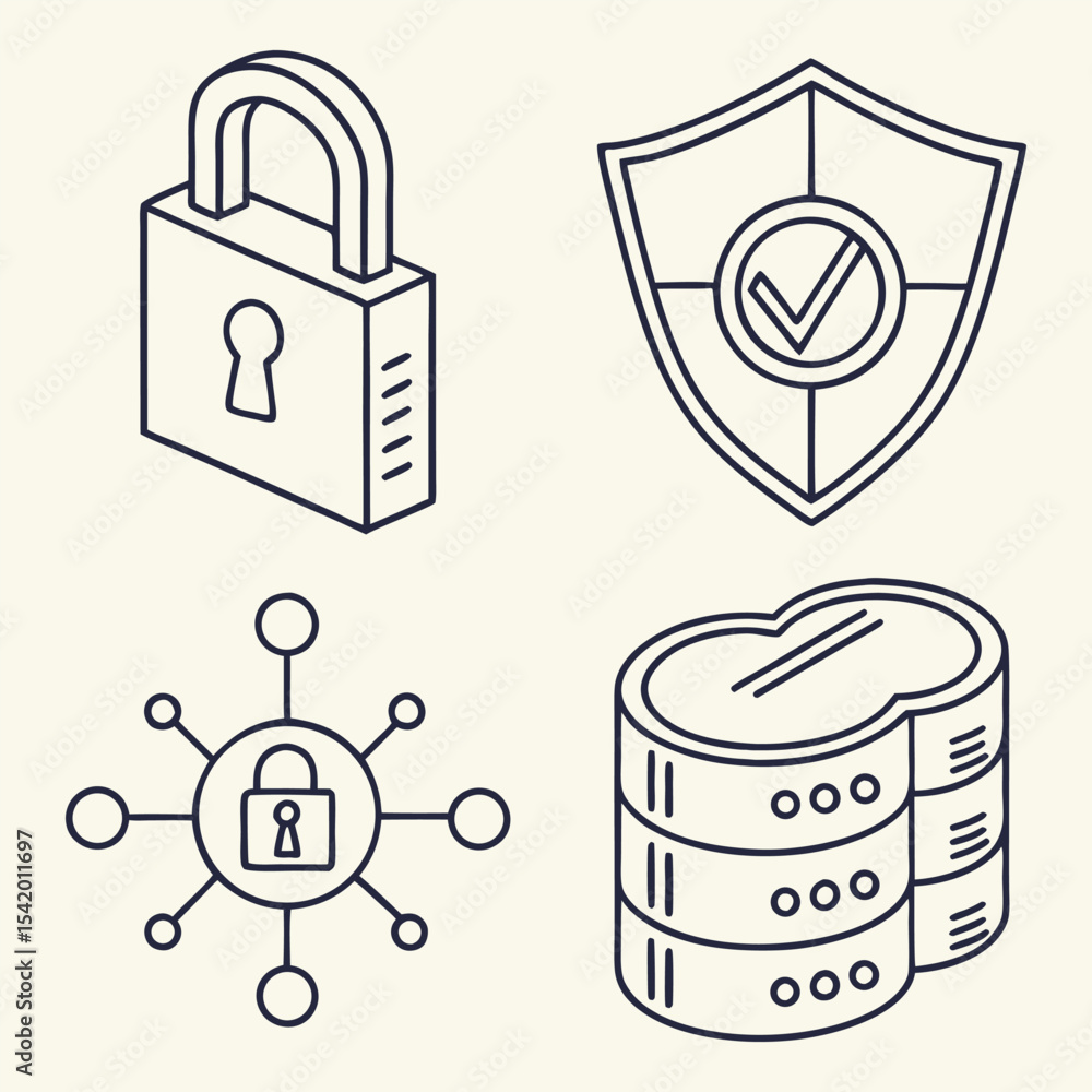 Aufkleber dark blue line art icons set data security network padlock shield database server