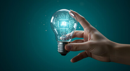 Hand holding AI lightbulb illuminating business innovation, automation and technology AI Agent AGI ASI