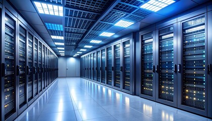 Industrial-Grade Server Room Featuring Backup Power Units, Precision Cooling Systems, Server Racks, Exposed Power Cables, and Ventilation Infrastructure