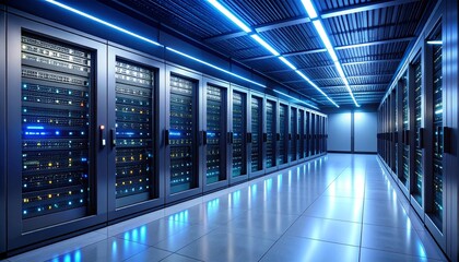 Industrial-Grade Server Room Featuring Backup Power Units, Precision Cooling Systems, Server Racks, Exposed Power Cables, and Ventilation Infrastructure