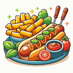 A plate holding hot dogs with fries tomato slices ketchup and lettuce garnishing the meal