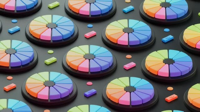 Colorful pie charts representing data analysis and information processing.