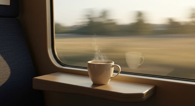 Coffee cup resting on train window with blurred landscape outside  