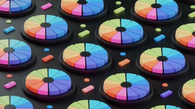Vibrant pie charts arranged on black surface symbolize data analysis, visualization, and reporting.