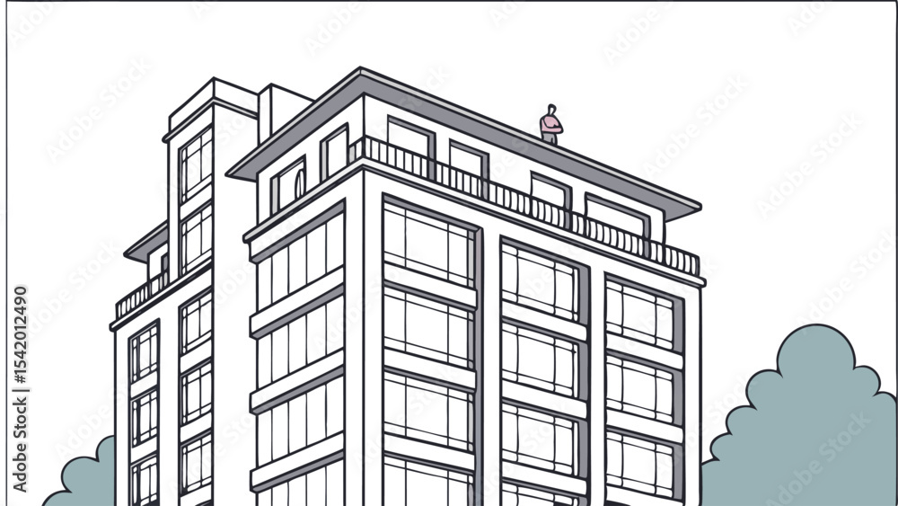Aufkleber a tall building with many windows and a person standing on the roof with trees in the foreground vie