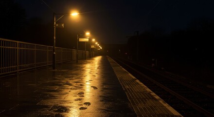 Empty train station platform illuminated by street lamps at night  