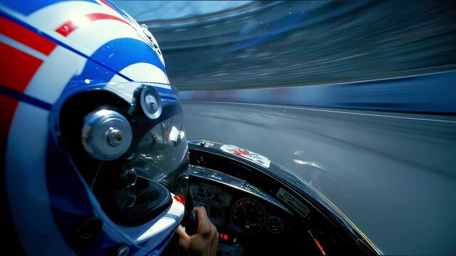 Professional race car driver accelerating through speedway, gripping steering wheel while navigating high speed racing circuit with intense motorsport adrenaline and motion blur