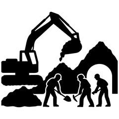 Excavation construction site workers digging tunnel with excavator heavy equipment black and white vector