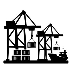 Black silhouette of cargo ship and cranes loading shipping containers at port for transportation