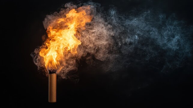 A close-up of a burning torch emits bright flames and swirling smoke, capturing the intensity and energy of fire against a dark background for dramatic effect.