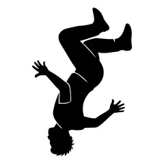 Fototapeta premium Silhouette of man doing backflip acrobatics parkour gymnastics stunt freefall extreme sport vector art