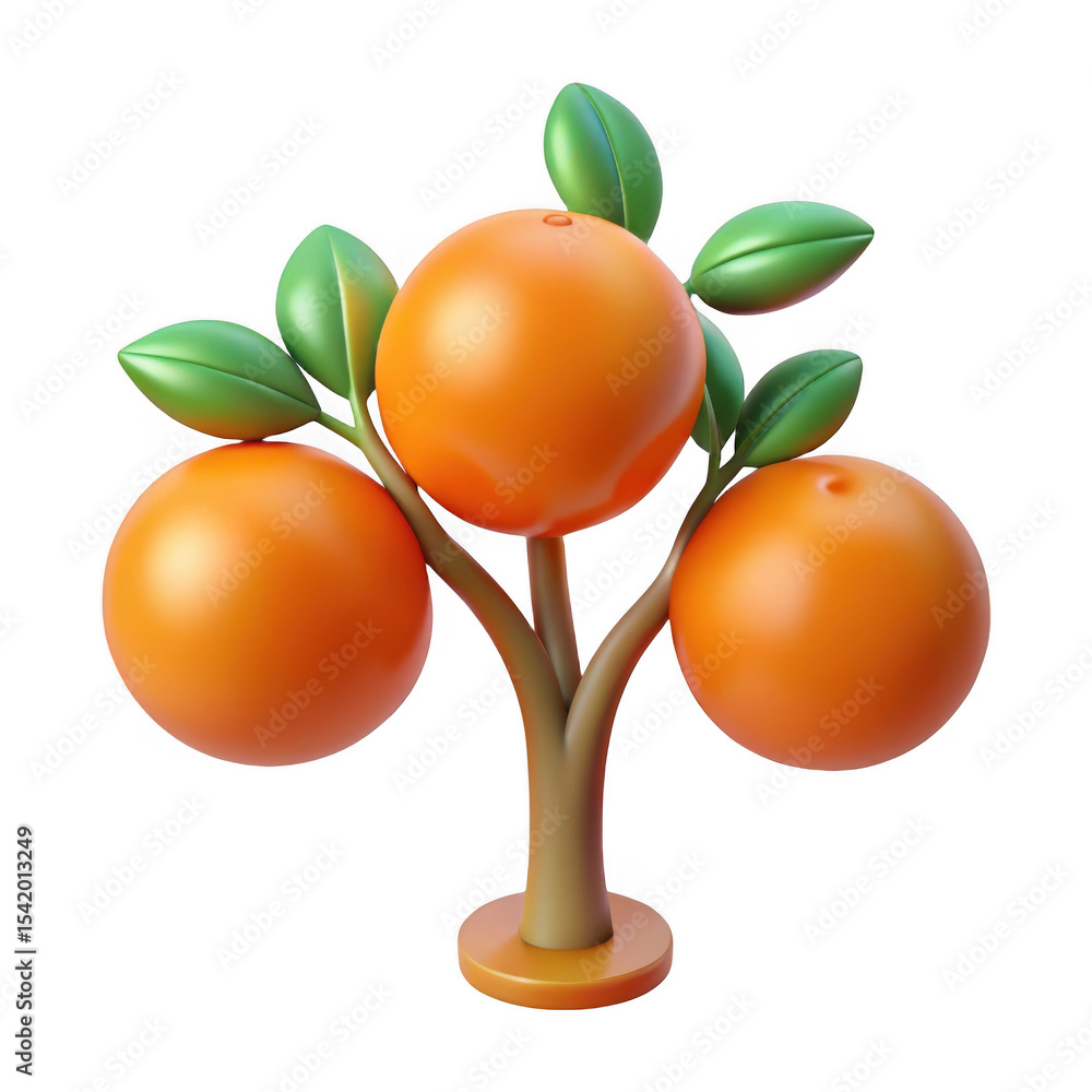 Poster 3d render of orange tree with three oranges isolated on transparent background