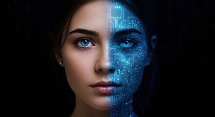 Half human half circuit face concept representing artificial intelligence and tech fusion AI Agent AGI ASI