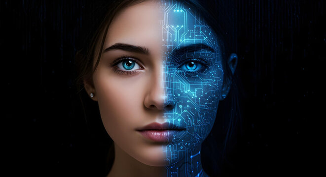 Half human half circuit face concept representing artificial intelligence and tech fusion AI Agent AGI ASI