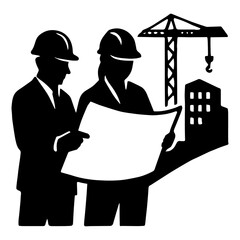 Construction engineers architects reviewing blueprint building plans project management team work