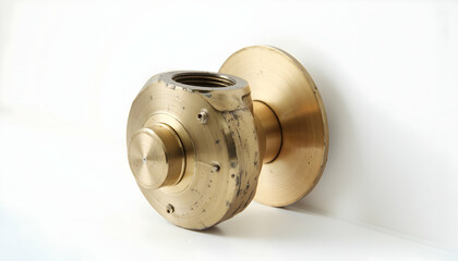 Detailed Brass Object on White Surface with Metallic Texture and Details