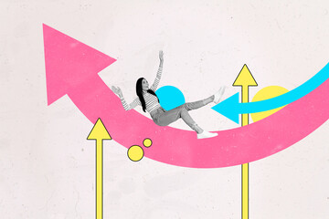 Trend artwork sketch 3D collage of young lady sit arrow growth up challenge ambition progress...