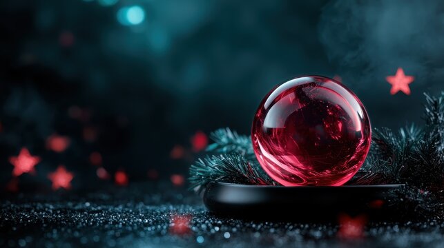 A lustrous red crystal orb rests on a dark surface, adorned by shimmering stars and reflections, creating a magical ambiance filled with enchanting allure and mystery.
