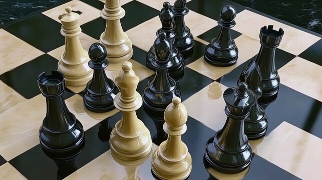 Chess game in progress on a polished board.  Pieces are strategically placed on the checkered board.  A game of wits and strategy