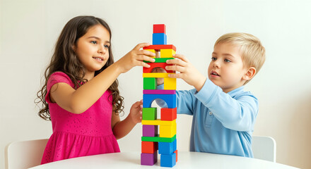 Diverse kids play together with colorful toys, sharing laughter. A joyful vision of unity where childhood friendships transcend all boundaries.