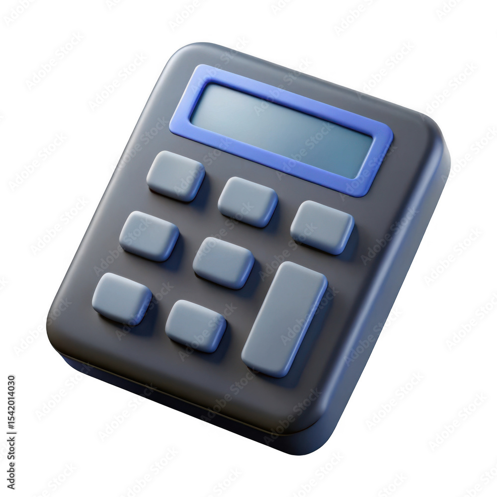 Poster dark gray calculator with blue display isolated on transparent background