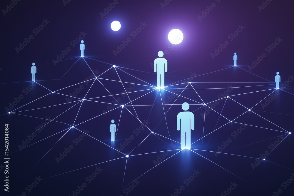 Aufkleber Digital human network with glowing connections and light nodes on dark background representing communication and social networking concept.