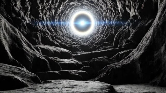 Textured tunnel formed from rocks with a glowing circle of light at the end, abstract background ideal for concepts