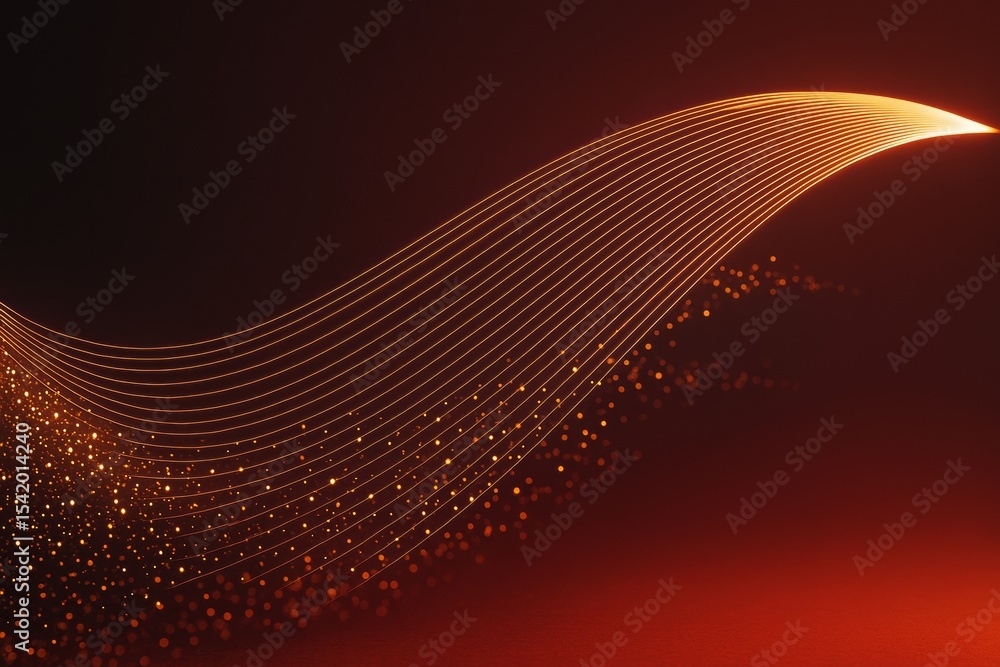Poster Abstract glowing orange wave lines with particles forming dynamic light trail on dark red background in creative flowing motion graphic style.