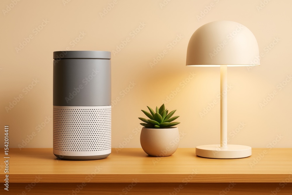 Aufkleber Modern smart speaker, potted succulent, and minimalist table lamp on wooden surface with soft light and neutral abstract background. Ai generative.
