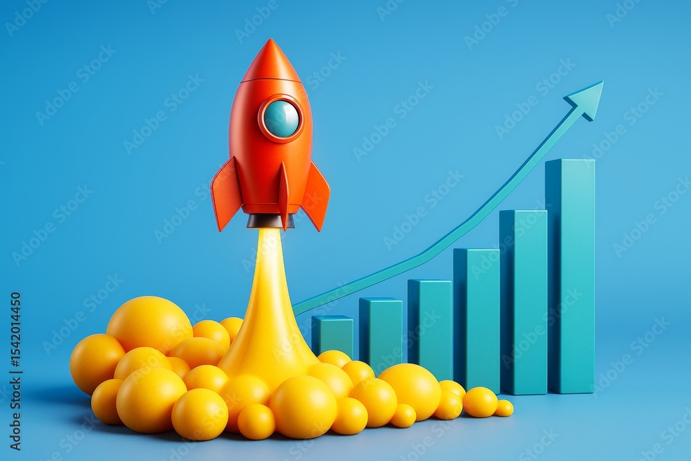 Poster colorful rocket launching with upward graph bars and yellow smoke bubbles symbolizing business growt