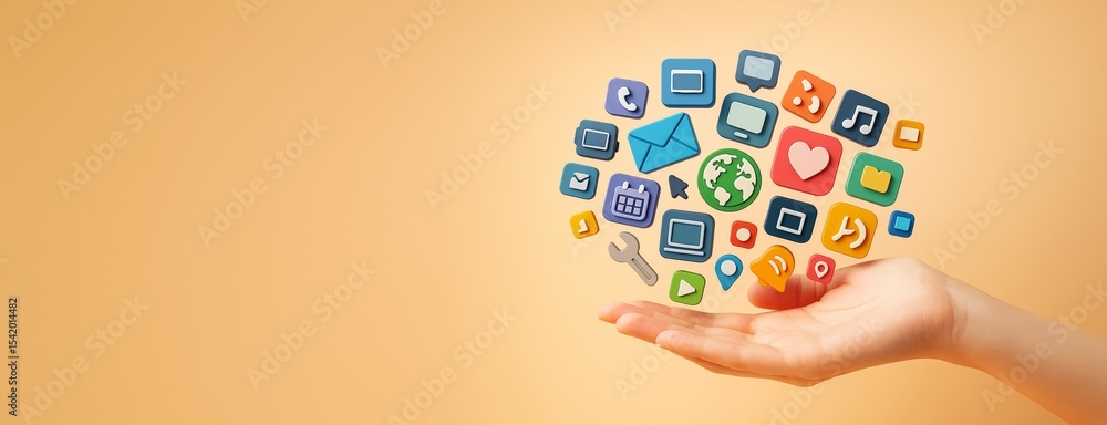 Poster colorful application icons floating above a hand on soft orange background for technology, design, a