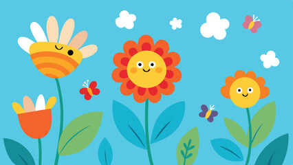 Playful cartoon illustration featuring smiling flowers butterflies and clouds on a blue sky
