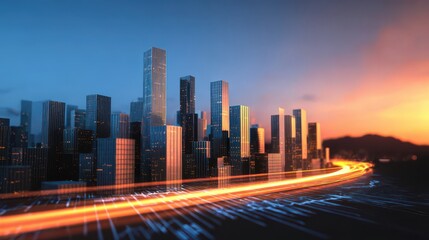 Sunset city view with car light trails shows moving traffic under skyscrapers, blending urban speed with tech style AI stream and data flow