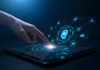 Finger tapping AI interface on digital tablet with circular tech pattern and futuristic neural network AI Agent AGI ASI