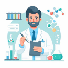 A scientist holds a pen and clipboard amidst laboratory glassware and molecular diagrams