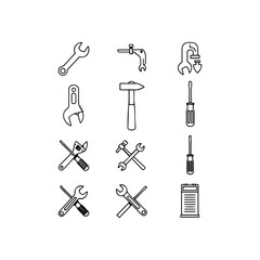 A set of outlined tools including wrenches hammers screwdrivers and a vise