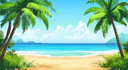 A picturesque tropical beach scene with palm trees and a tranquil ocean.