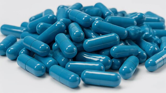 Heap Of Blue Capsules on White Background in Studio Lighting