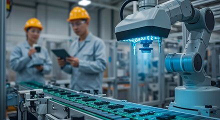 Industrial robotic arm operating on assembly line with engineers supervising production