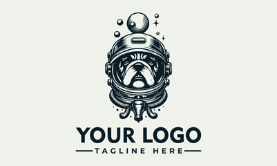 A pug wearing an astronaut helmet, a logo design with space-themed elements.