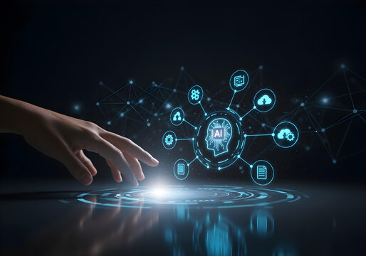 Hand reaching toward glowing AI interface with neural network icons and futuristic holographic projection AI Agent AGI ASI