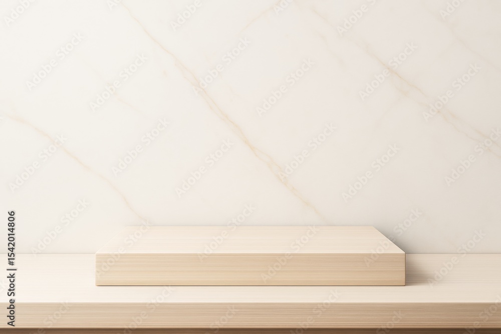 Poster minimal light wood display podium on beige marble background for product mockup, branding or adverti