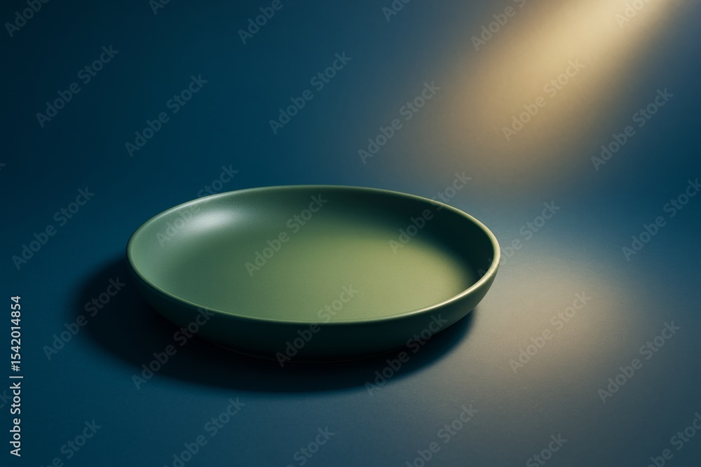 Poster minimal green ceramic plate on dark blue background under spotlight with empty copy space for clean 