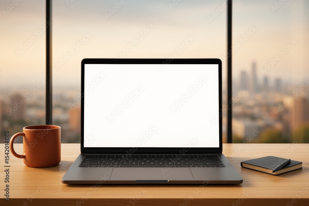 Poster laptop with blank white screen on wooden desk with coffee mug and notebook in front of bright city v