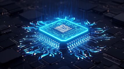 Illuminated Blue Central Processing Unit on Black Circuit Board Illustrating Modern Technological Advancement
