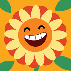 Playful smiling sunflower illustration in bright orange and yellow colors for joyful designs