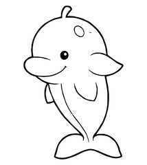 A simple blackandwhite drawing of a smiling dolphin with round eyes
