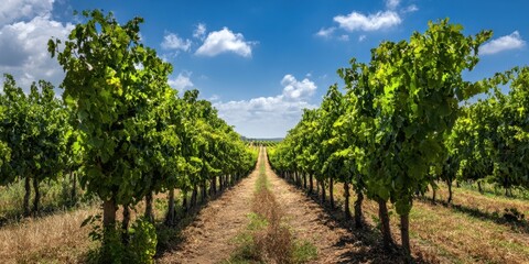 Naklejka premium The scenic view of a lush vineyard under a bright blue sky.